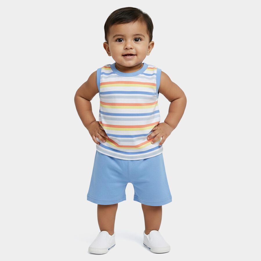 Infants' Blue 100% Cotton Round Neck Striped Baba Suit, Mid Blue, large