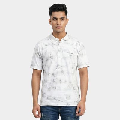 Men's Grey Cotton Polo Neck Abstract Printed T-Shirt