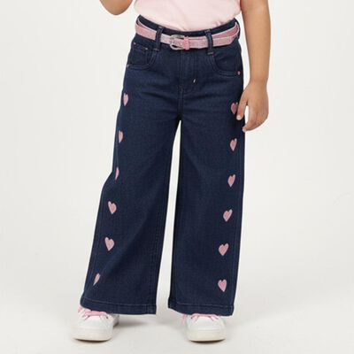 Girls' Dark Indigo Wide Leg Printed Jeans
