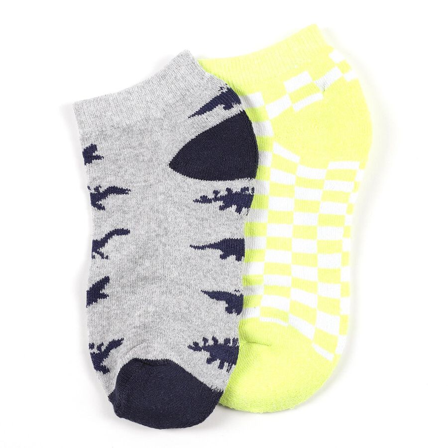 Boys' Light Grey and Neon Yellow Ankle-Length Patterned Socks Pack of 2, हल्का हरा, large