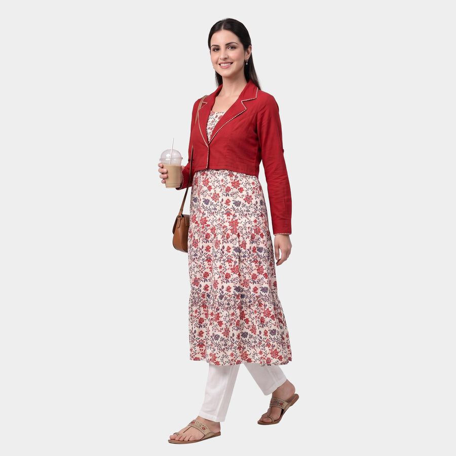 Women's Wine Cotton Lapel Collar Floral Printed A-Line Kurta, Wine, large