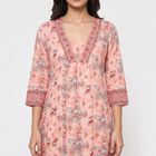 Women's Pink V-Neck Printed Kurta, गुलाबी, small