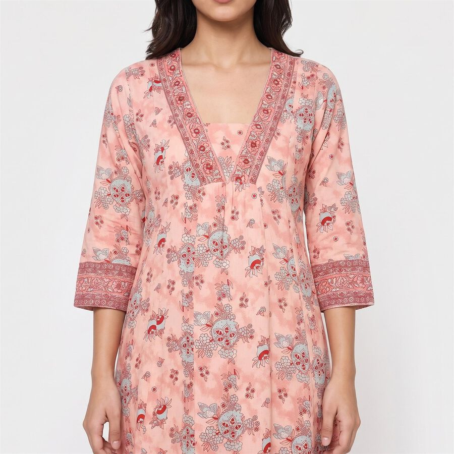 Women's Pink V-Neck Printed Kurta, गुलाबी, large