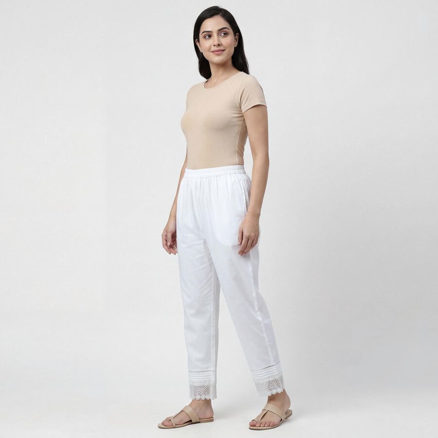 Women's Off White Relaxed Fit Cotton Elastic Waist Solid Palazzos, ऑफ व्हाइट, large