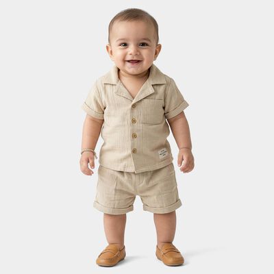 Infants' Beige Cotton Collared Textured Baba Suit