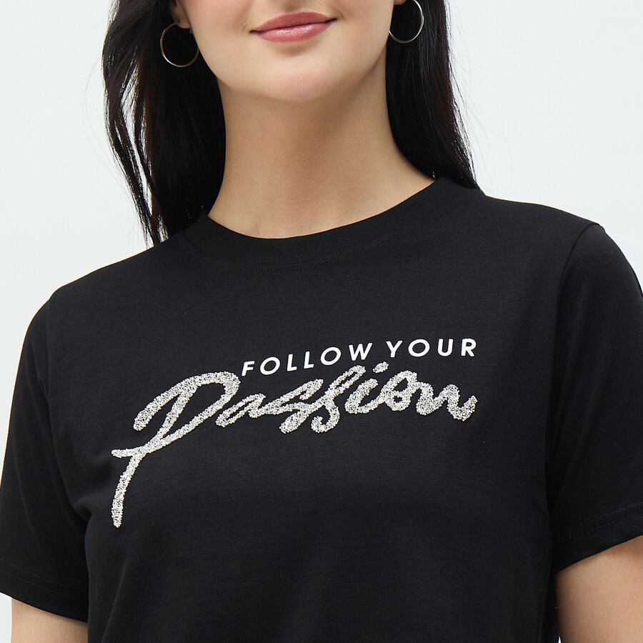 Women's Jet Black Cotton Round Neck Casual T-Shirt, काला, large