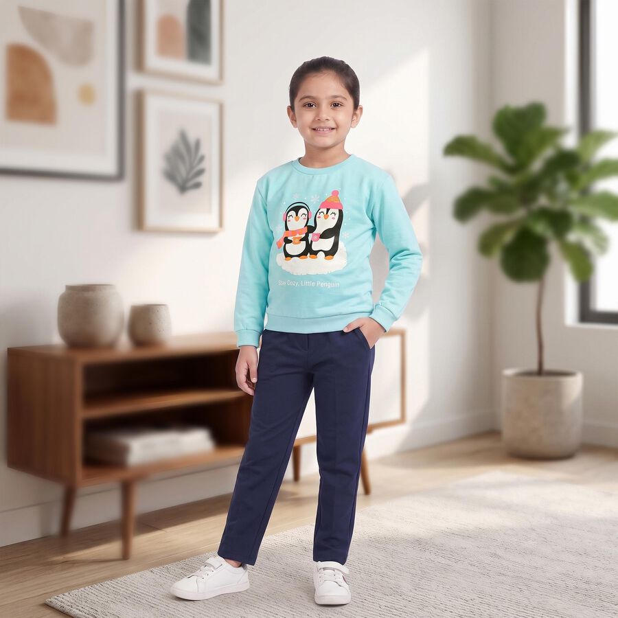Girls' Aqua Round Neck Pullover Sweatshirt, Aqua, large