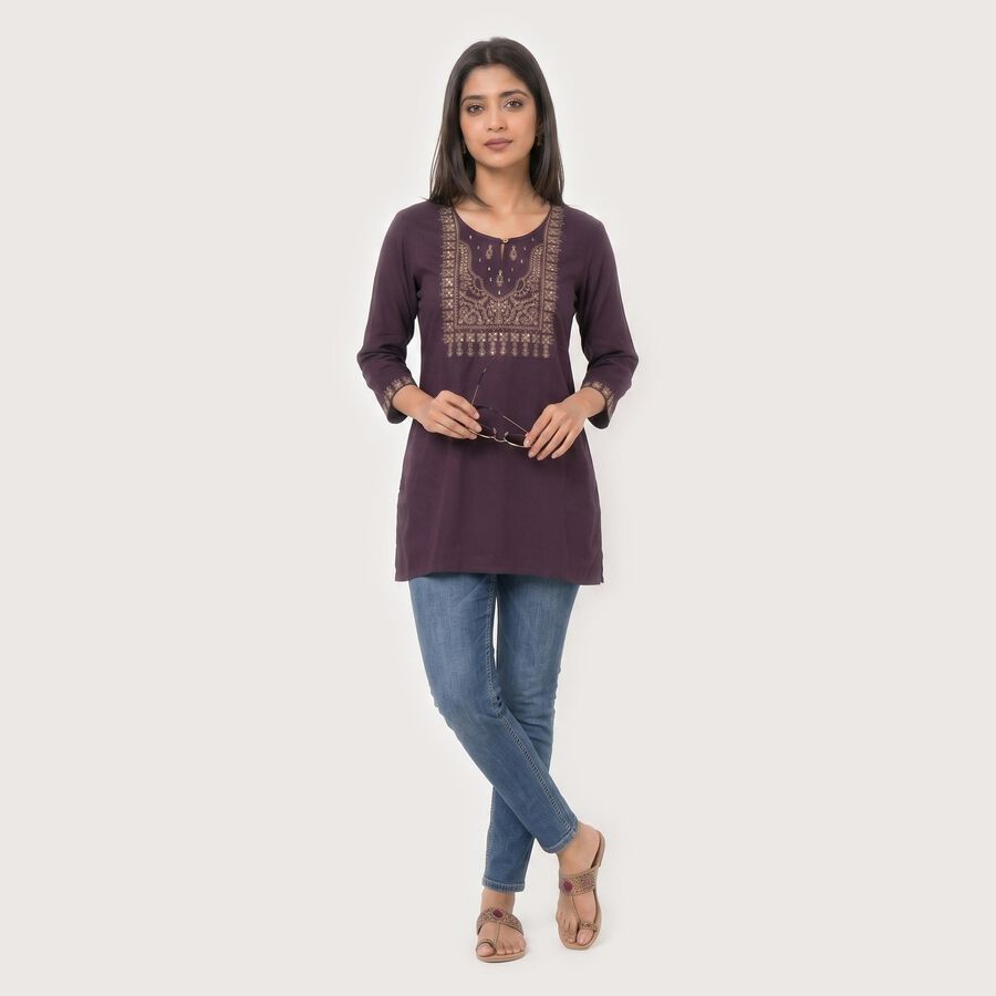 Women's Purple Round Neck Embroidered Kurti, Purple, large