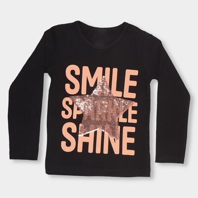 Girls' Jet Black Cotton Round Neck Casual Top