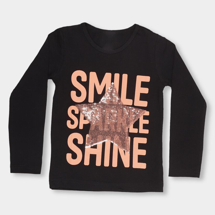 Girls' Jet Black Cotton Round Neck Casual Top, Black, large image number null