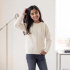 Girls' Cream Crew Neck Knitted Design Pullover, ऑफ व्हाइट, small