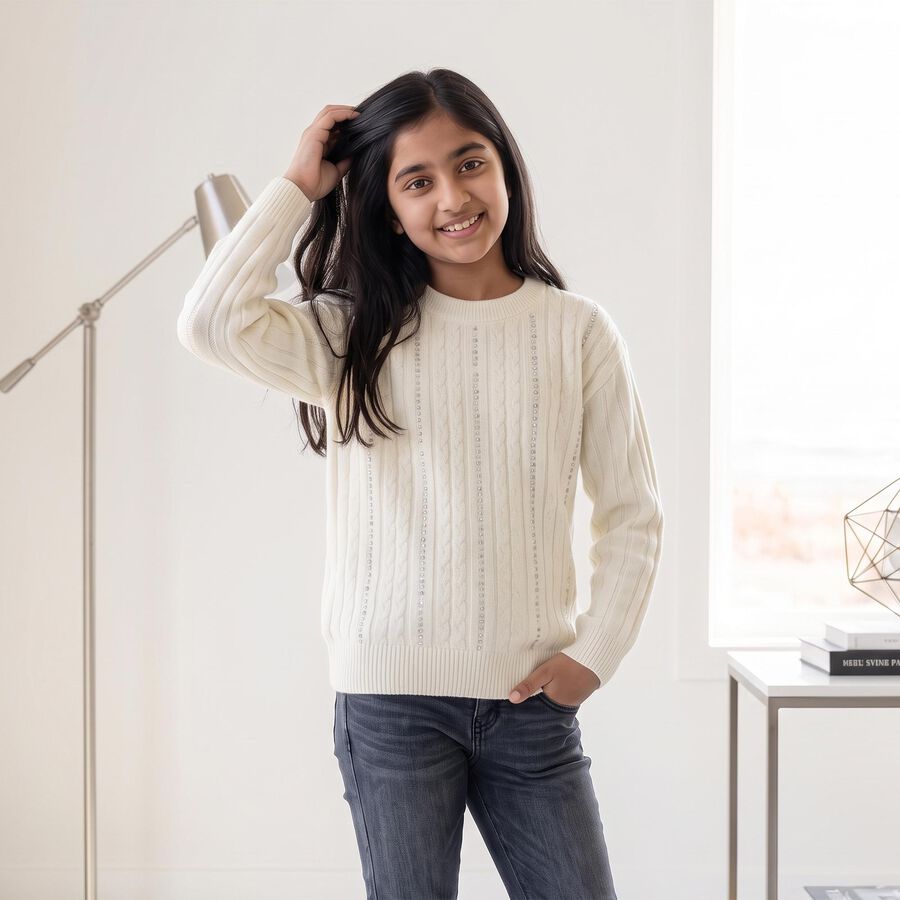Girls' Cream Crew Neck Knitted Design Pullover, ऑफ व्हाइट, large