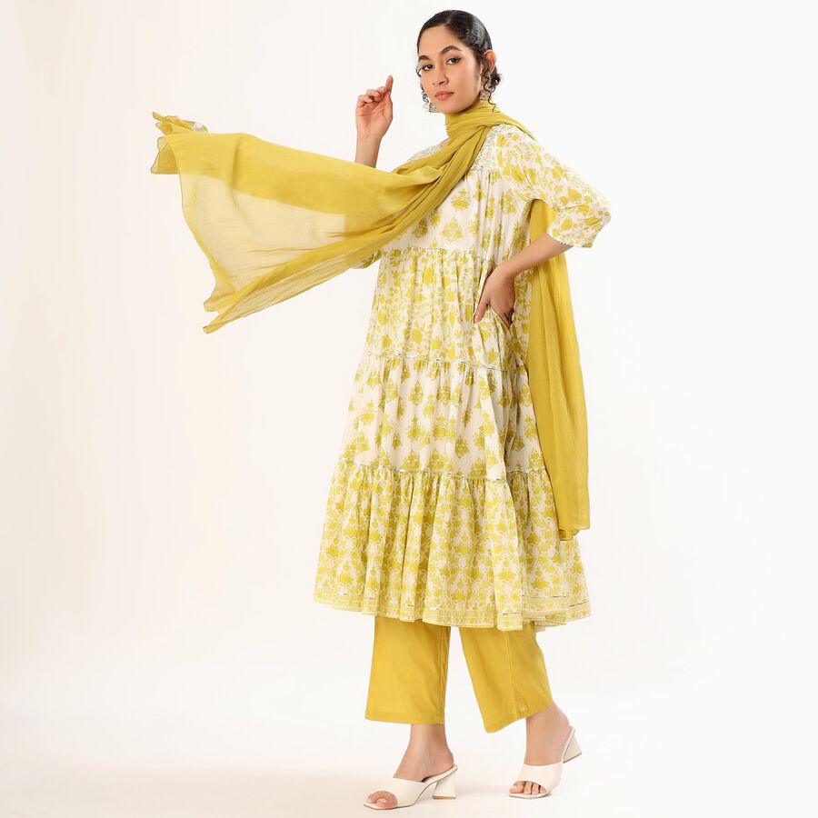 Women's Bright Mustard Yellow Embroidered Ethnic Set, Light Green, large image number null