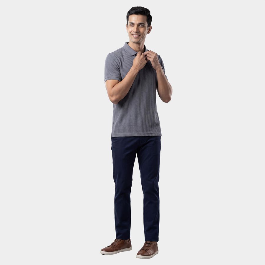 Men's Blue Polo Neck Textured T-Shirt, Mid Blue, large