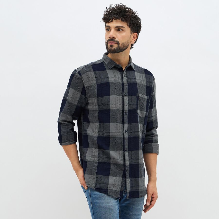 Men's Navy Blue and Grey Cotton Spread Collar Casual Shirt, नेवी ब्लू, large image number null