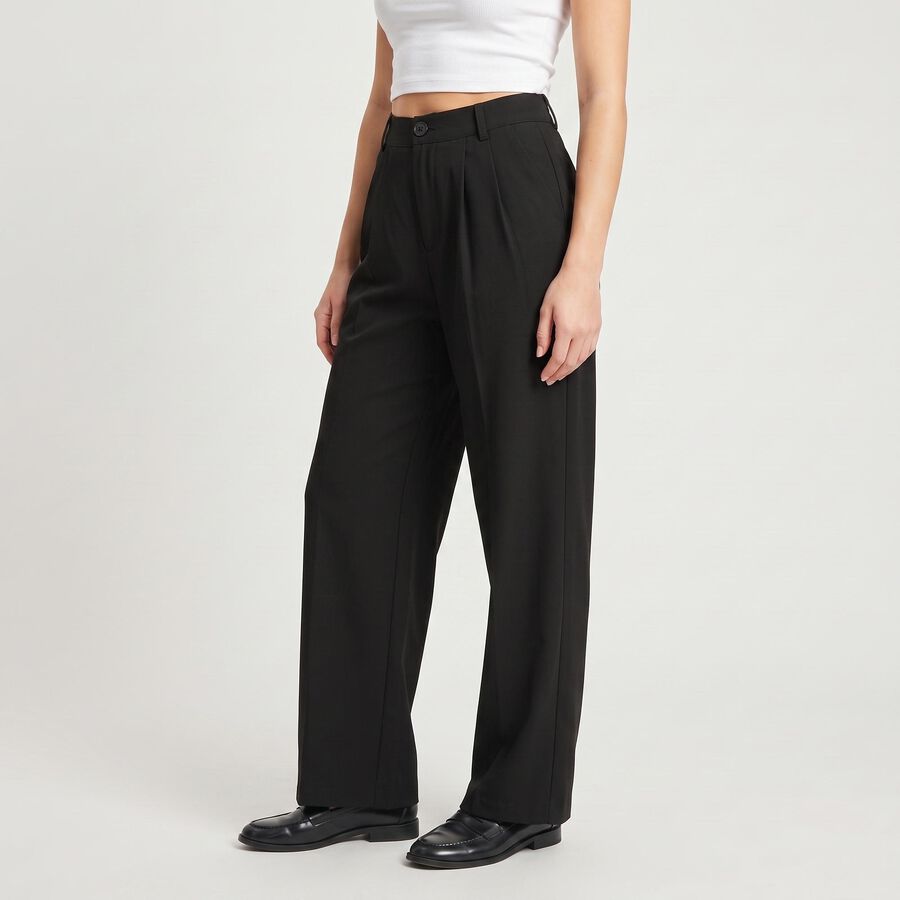 Women's Black Wide Leg Pleated Trousers, काला, large