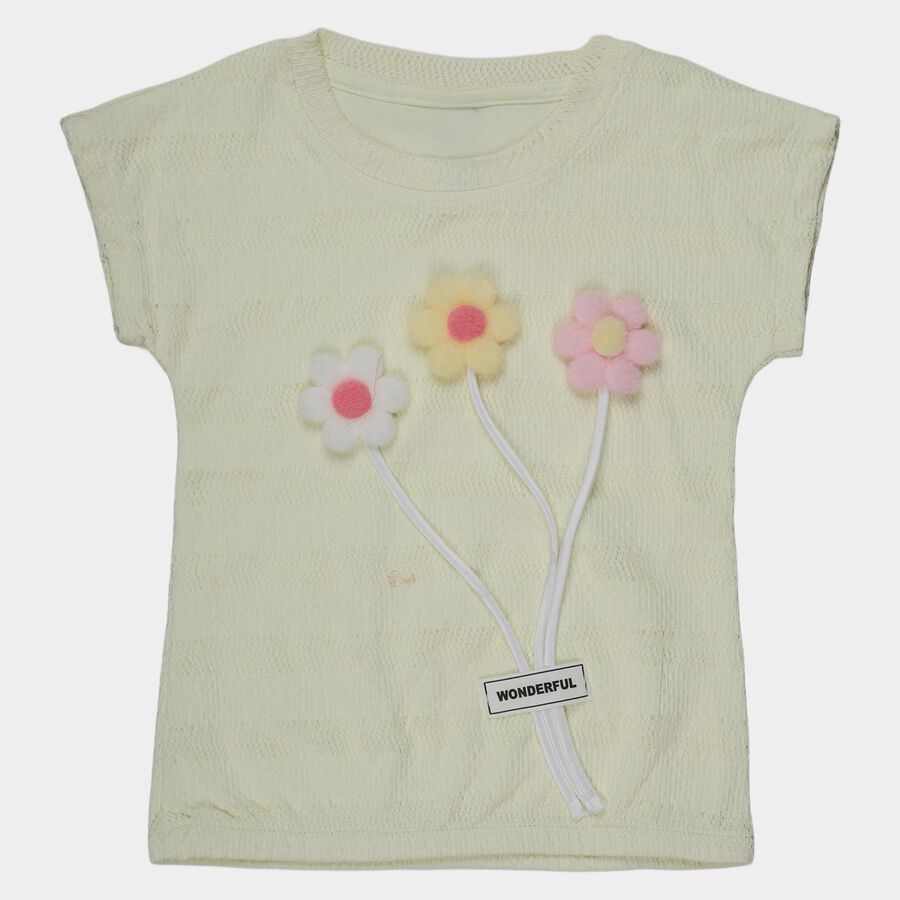 Girls Yellow Round Neck Casual T-Shirt, Yellow, large