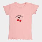 Girls Pink Cotton Round Neck Casual T-Shirt, हल्का गुलाबी, small