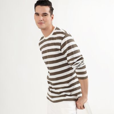 Men's Muted Olive Brown Crew Neck Casual Striped T-Shirt