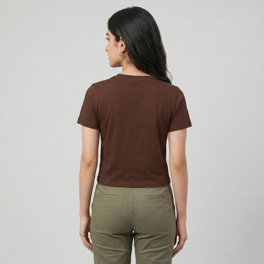 Women's Brown Cotton Blend Round Neck Regular Top, भूरा, large
