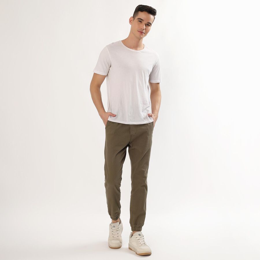 Men's Muted Olive Green Slim Fit Elastic Waist Casual Trousers, हल्का हरा, large image number null