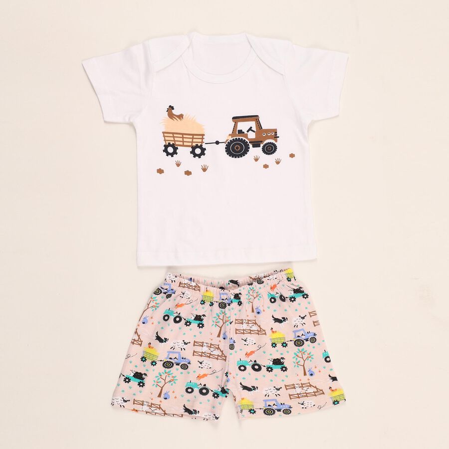 Infants' White Cotton Round Neck Tractor Print Baba Suit, Beige, large