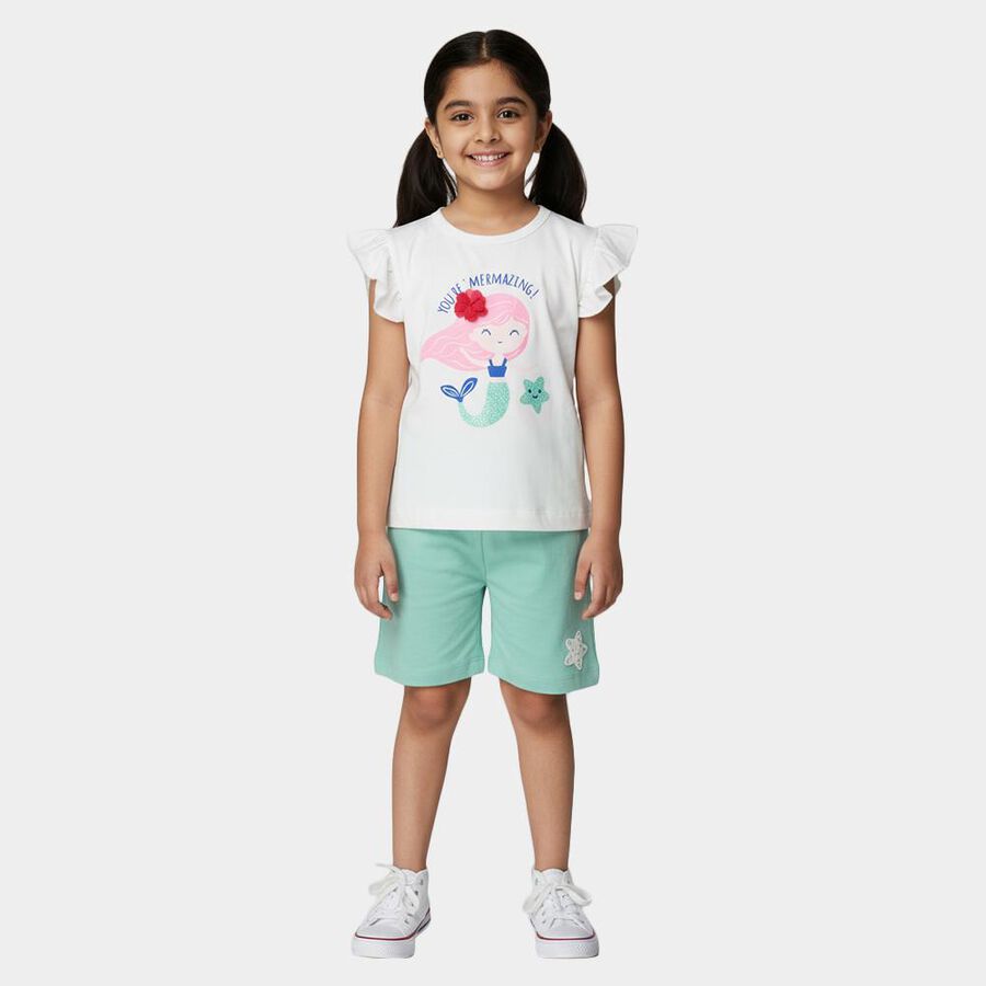 Girls' White and Mint Cotton Crew Neck Mermaid Print T-Shirt and Shorts Set, White, large