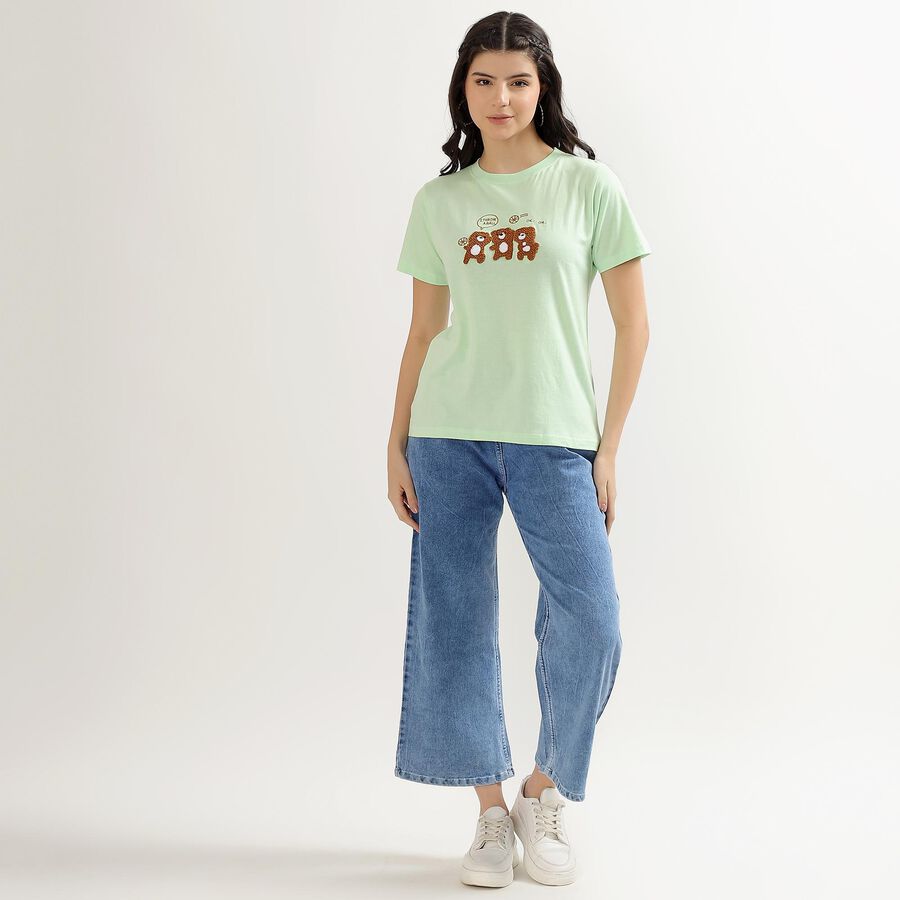 Women's Mint Green Cotton Round Neck T-Shirt, Light Green, large image number null