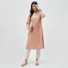 Women's Peach Pink Cotton Notch Neck Embroidered Kurta, Pink, small