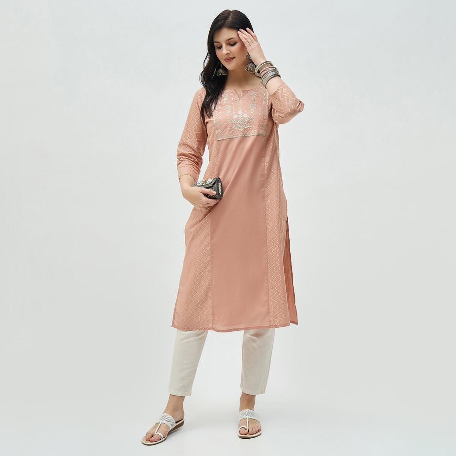 Women's Peach Pink Cotton Notch Neck Embroidered Kurta, Pink, large