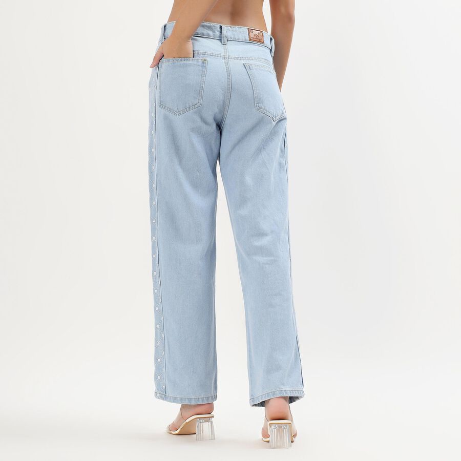 Women's Light Powder Blue Straight Fit Embroidered Jeans, Mid Blue, large image number null