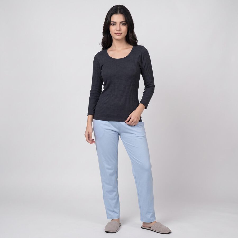 Women's Navy Blue Ribbed Thermal Top, मध्यम नीला, large