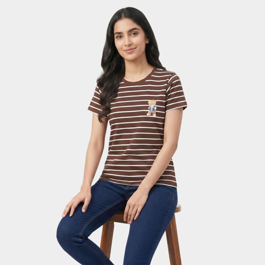 Women's Brown Round Neck Regular T-Shirt, Brown, large