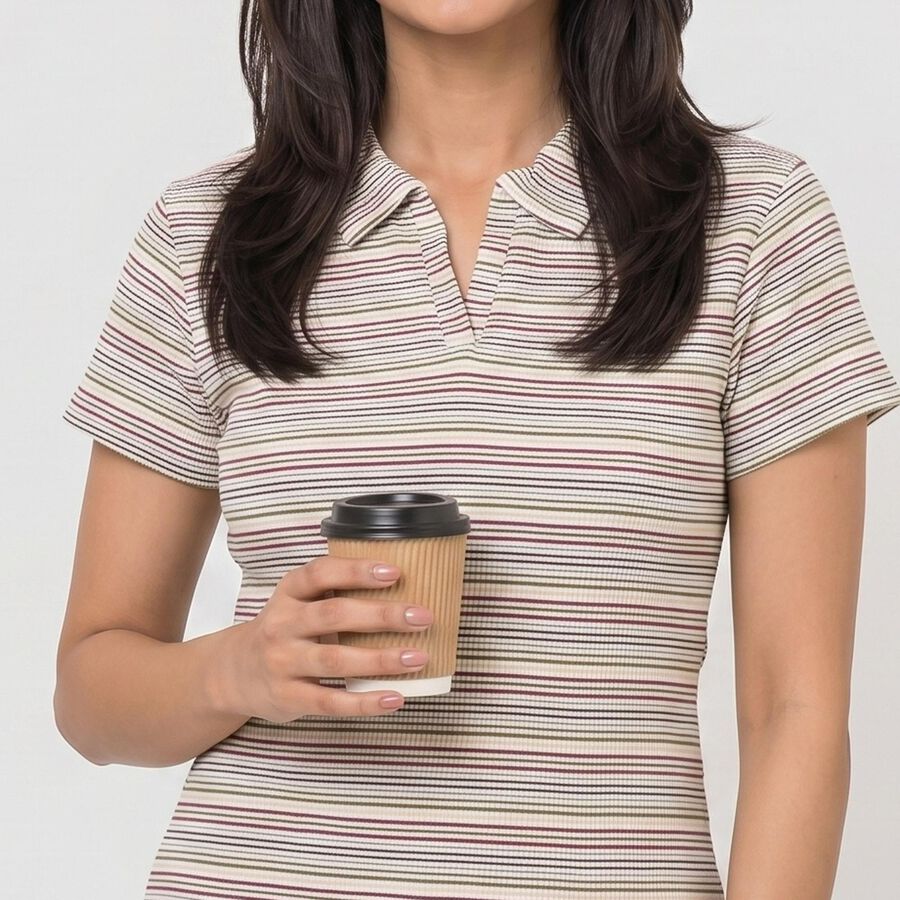 Women's Wine Polo Neck Striped Polo T-Shirt, Wine, large