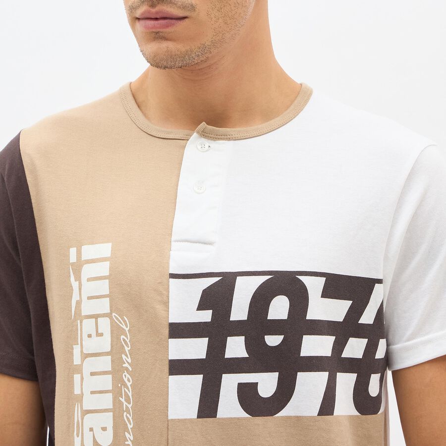 Men's Beige and White Henley Neck Printed T-Shirt, Brown, large image number null