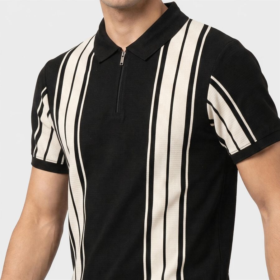 Men Black Polo Neck Striped T-Shirt, Black, large