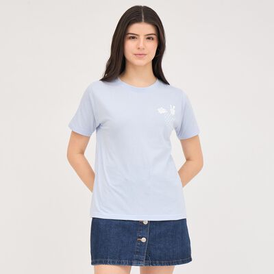 Women's Light Blue Round Neck Printed T-Shirt