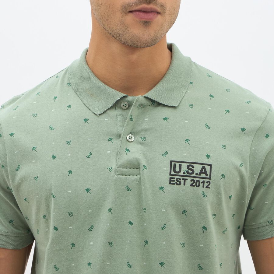 Men's Light Sage Green Cotton Polo Neck Printed T-Shirt, Light Green, large image number null