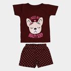 Girls Wine Round Neck Cat Graphic Printed Night Suit, वाइन, small