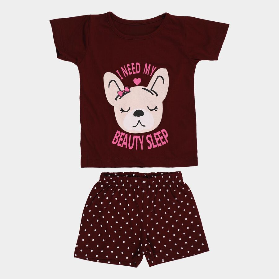 Girls Wine Round Neck Cat Graphic Printed Night Suit, वाइन, large