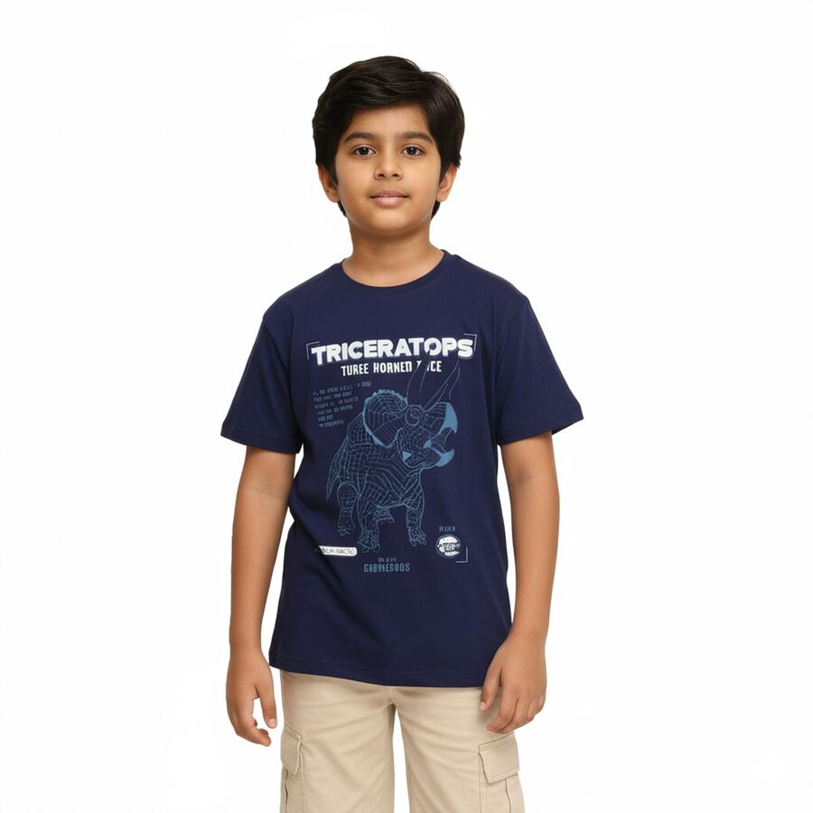Boys Deep Midnight Navy Blue Cotton Crew Neck Casual T-Shirt, मध्यम नीला, large image number null