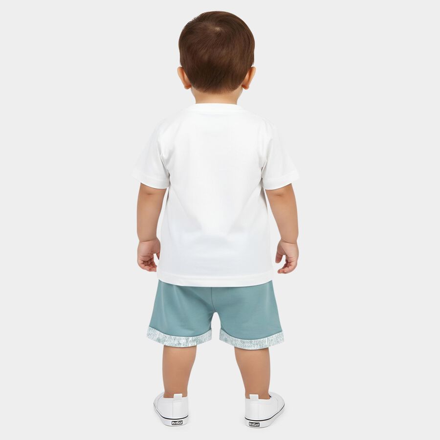 Infants' Teal 100% Cotton Round Neck Printed Baba Suit, टील ब्लू, large