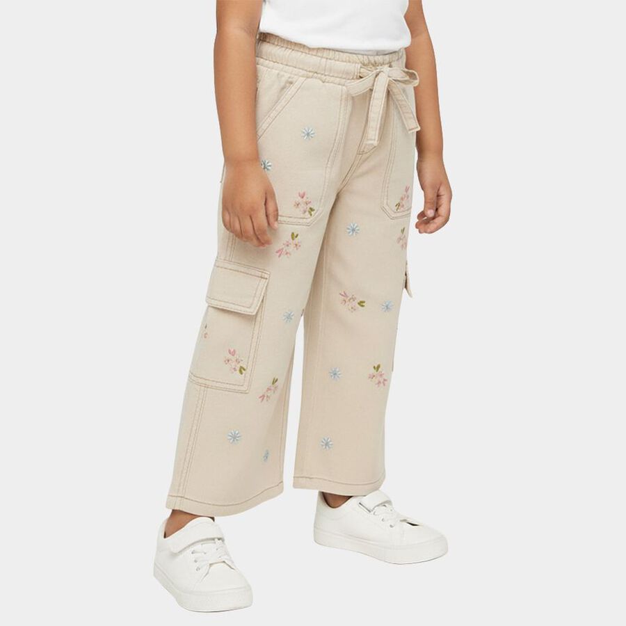 Girls' Light Beige Relaxed Fit Embroidered Cargo Jeans, Beige, large