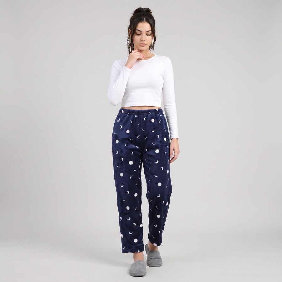 Women's Navy Blue Straight Fit Moon Lounge Pyjama, नेवी ब्लू, large
