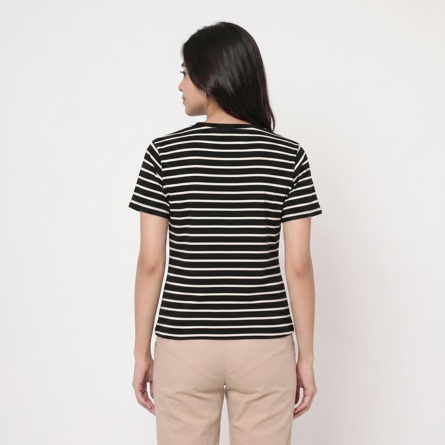 Women Black Round Neck Regular T-Shirt, काला, large