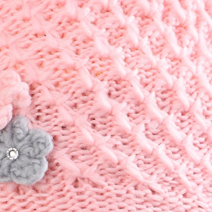 Women's Soft Pink Floral Embellished Knitted Cap, Light Pink, large image number null