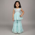 Girls Bright Aqua Blue Sequin Sleeveless Top and Tiered Pants Fusion Set, Aqua, small