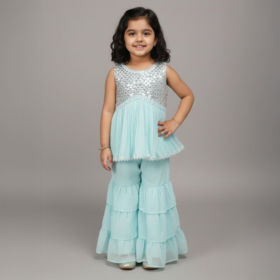 Girls Bright Aqua Blue Sequin Sleeveless Top and Tiered Pants Fusion Set, Aqua, large