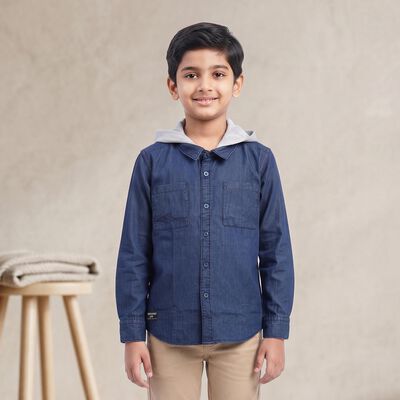Boys Navy Blue Hooded Casual Shirt