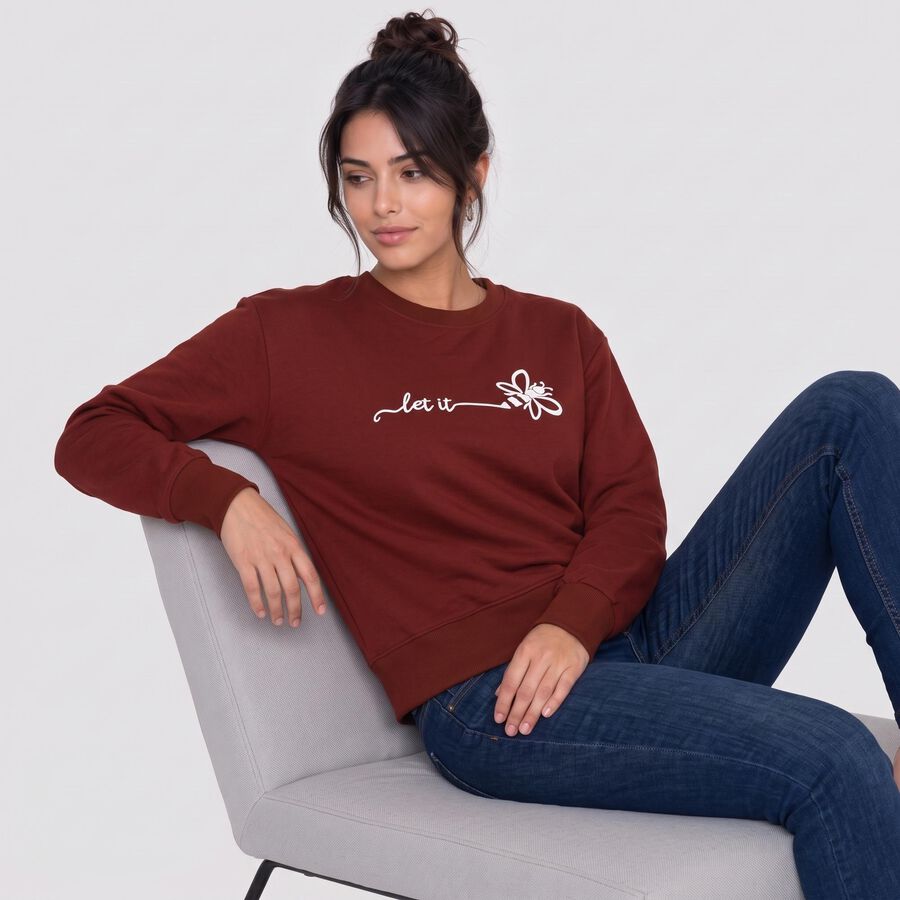 Women Maroon Crew Neck Pullover Sweatshirt, Rust, large